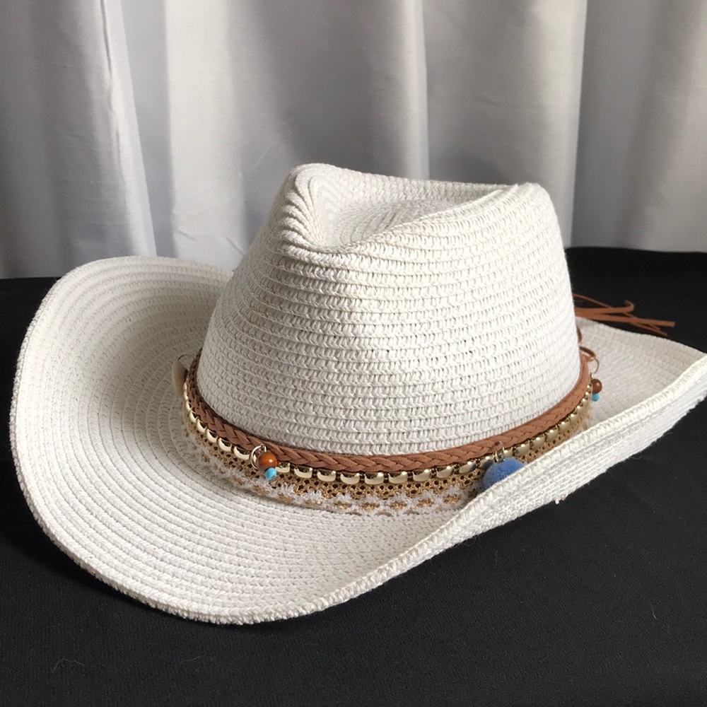 Stylish white cowboy hat, sun hat.